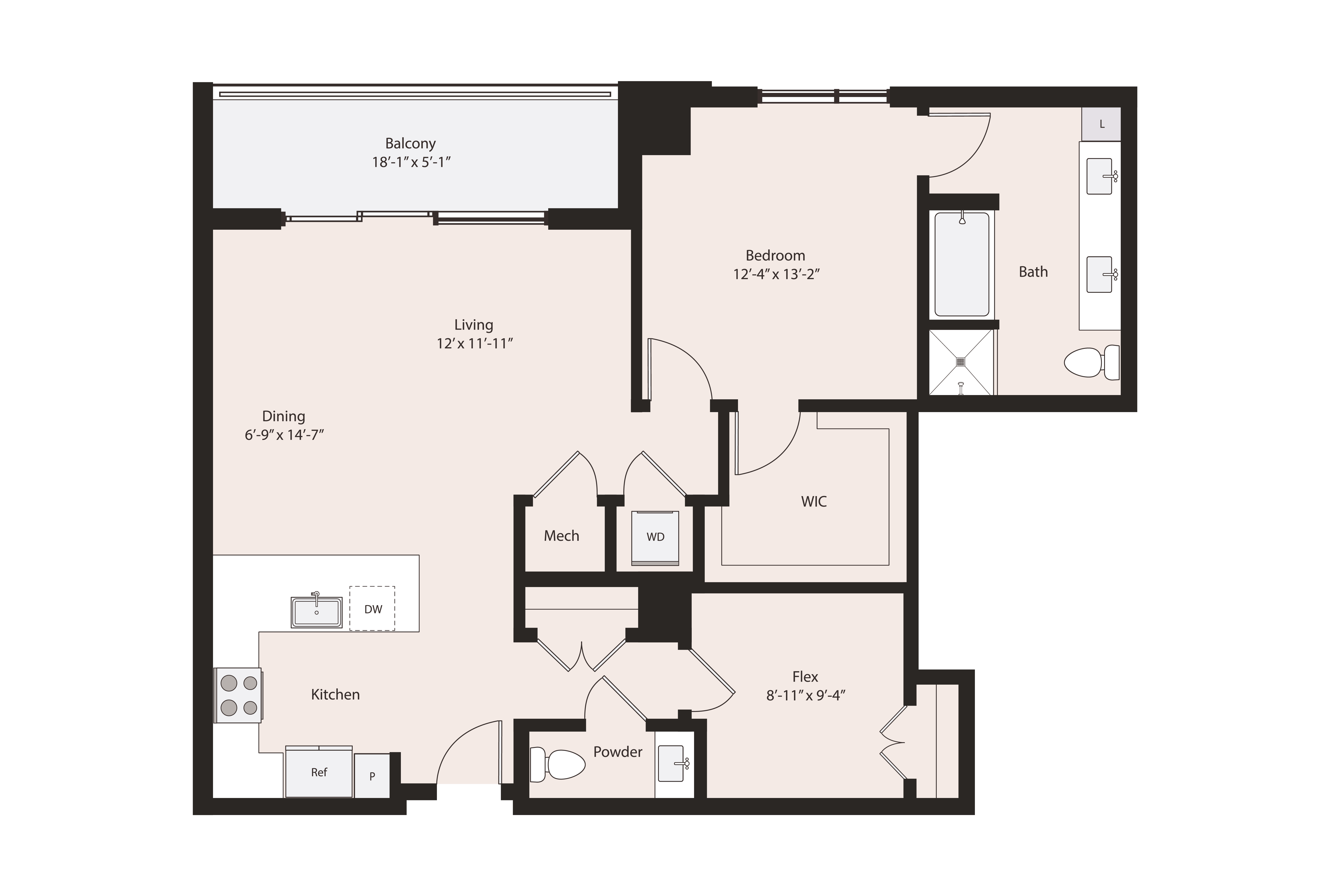 Floor plan layout diagram for 1 Bedroom Plus Den, 1 Bath